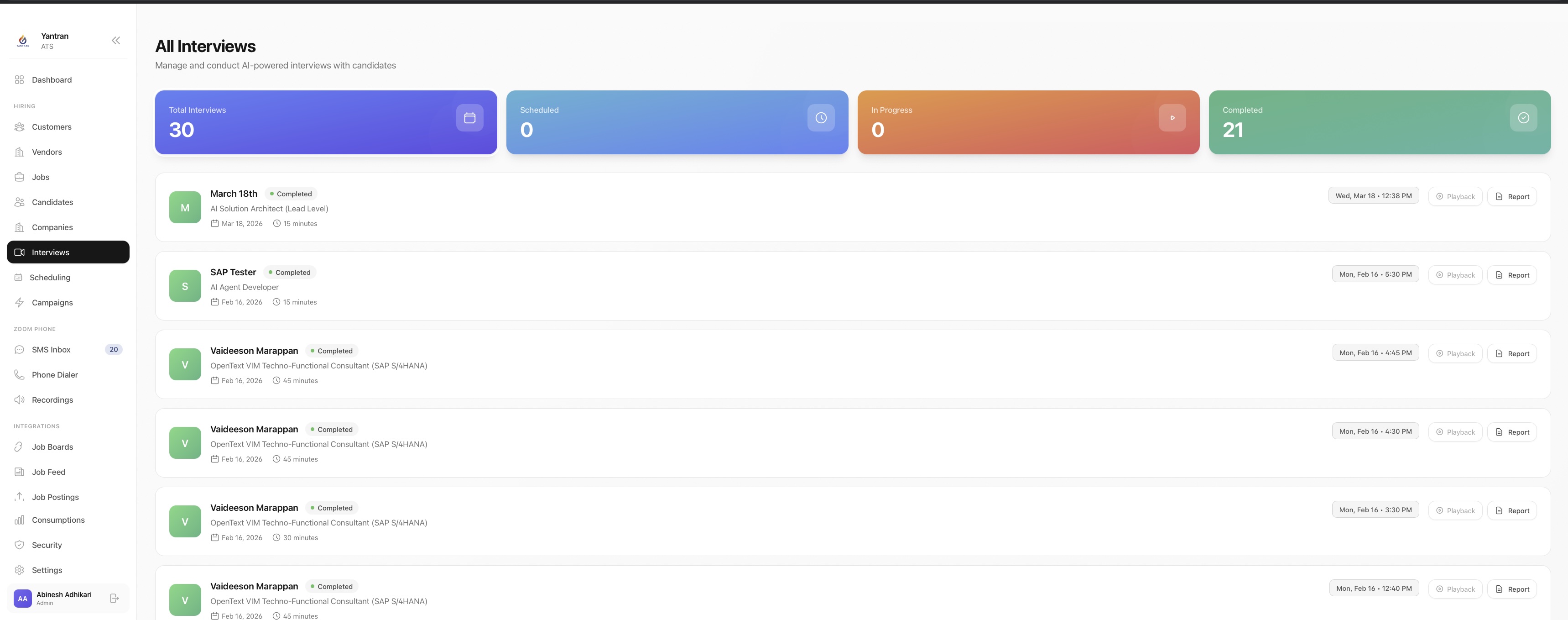 Hireon AI interview in session — real-time transcript, rubric scoring, candidate tile